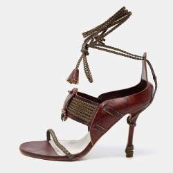 Dior Olive Green/Brown Braided and Leather Vintage Escarpin Ankle-Tie Sandals Size 38