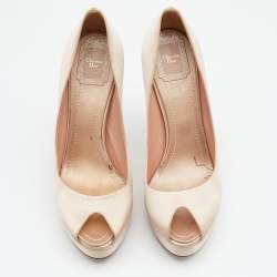 Pre Owned حذاء كعب عالي ديور كاناج ساتان بيج بمقدمة مفتوحة ونعل سميك مقاس 38.5