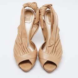 Pre Owned Dior Beige Quilted Leather Peep Toe Ruffle Detail Bow Slingback Sandals Size 39.5 