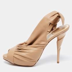 Pre Owned Dior Beige Quilted Leather Peep Toe Ruffle Detail Bow Slingback Sandals Size 39.5 