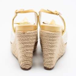 Pre Owned Dior Off-White/Light Yellow Cannage Patent Leather Peep-Toe Espadrille Wedge Platform Slingback Sandals Size 38