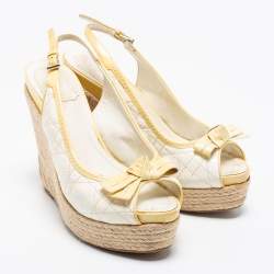 Pre Owned Dior Off-White/Light Yellow Cannage Patent Leather Peep-Toe Espadrille Wedge Platform Slingback Sandals Size 38