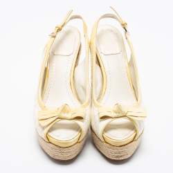Pre Owned Dior Off-White/Light Yellow Cannage Patent Leather Peep-Toe Espadrille Wedge Platform Slingback Sandals Size 38
