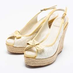 Pre Owned Dior Off-White/Light Yellow Cannage Patent Leather Peep-Toe Espadrille Wedge Platform Slingback Sandals Size 38