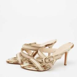 Dior Beige Fabric And Leather Cross Strappy Slide Sandals Size 37.5