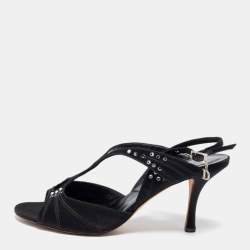 Pre Owned صندل ديور ساتان أسود مرصع كريستال فتحة كعب مقاس 37