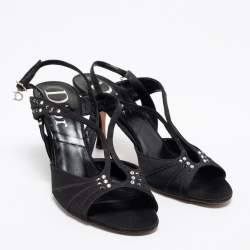 Pre Owned صندل ديور ساتان أسود مرصع كريستال فتحة كعب مقاس 37