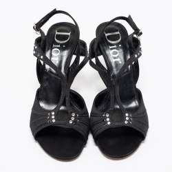 Pre Owned صندل ديور ساتان أسود مرصع كريستال فتحة كعب مقاس 37