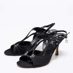 Pre Owned صندل ديور ساتان أسود مرصع كريستال فتحة كعب مقاس 37