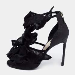 Pre Owned Dior Black Satin And Lace Applique Evening Ankle Strap Sandals Size 38