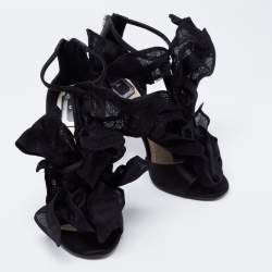 Pre Owned Dior Black Satin And Lace Applique Evening Ankle Strap Sandals Size 38