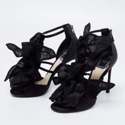 Pre Owned Dior Black Satin And Lace Applique Evening Ankle Strap Sandals Size 38