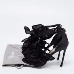 Pre Owned Dior Black Satin And Lace Applique Evening Ankle Strap Sandals Size 38