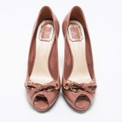 Pre Owned Dior Pink Patent Leather Bow Chain Detail Peep Toe Pumps Size 41