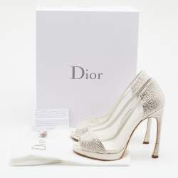 مملوكة مسبقًا Dior White Crystal Embellished Suede And Mesh Peep Toe Pumps Size 37