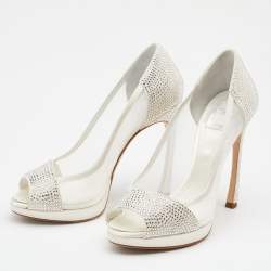 مملوكة مسبقًا Dior White Crystal Embellished Suede And Mesh Peep Toe Pumps Size 37
