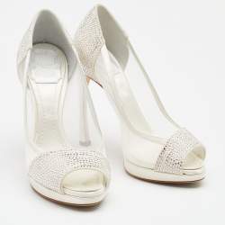 مملوكة مسبقًا Dior White Crystal Embellished Suede And Mesh Peep Toe Pumps Size 37