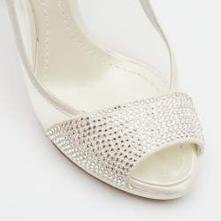 مملوكة مسبقً ا Dior White Crystal Embellished Suede And Mesh Peep Toe Pumps Size 37