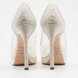 مملوكة مسبقًا Dior White Crystal Embellished Suede And Mesh Peep Toe Pumps Size 37