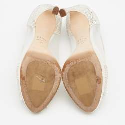 مملوكة مسبقًا Dior White Crystal Embellished Suede And Mesh Peep Toe Pumps Size 37