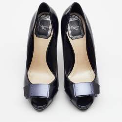 Pre Owned Dior Dark Blue Leather Embellished Peep Toe Pumps Size 35