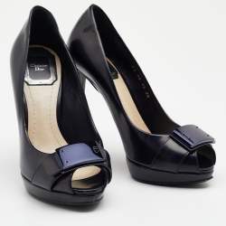Pre Owned Dior Dark Blue Leather Embellished Peep Toe Pumps Size 35