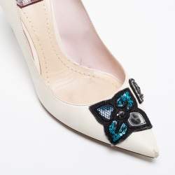 Pre Owned Dior White Leather Embellished Flower and Heart Applique Pumps Size 36.5