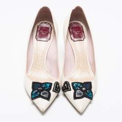 Pre Owned Dior White Leather Embellished Flower and Heart Applique Pumps Size 36.5
