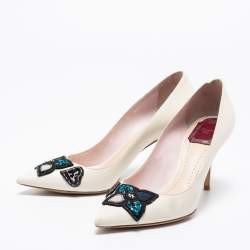 Pre Owned Dior White Leather Embellished Flower and Heart Applique Pumps Size 36.5