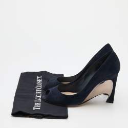 Pre Owned Dior Navy Blue Suede Peep Toe Optique Wedge Pumps Size 38.5