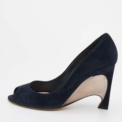Pre Owned Dior Navy Blue Suede Peep Toe Optique Wedge Pumps Size 38.5