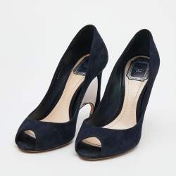 Pre Owned Dior Navy Blue Suede Peep Toe Optique Wedge Pumps Size 38.5