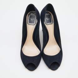 Pre Owned Dior Navy Blue Suede Peep Toe Optique Wedge Pumps Size 38.5
