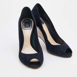 Pre Owned Dior Navy Blue Suede Peep Toe Optique Wedge Pumps Size 38.5