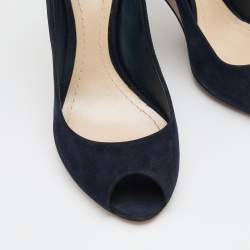 Pre Owned Dior Navy Blue Suede Peep Toe Optique Wedge Pumps Size 38.5
