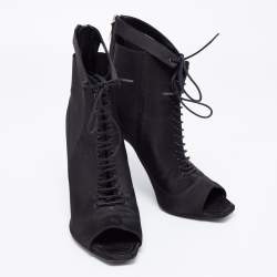 Pre Owned Dior Black Satin Peep-Toe Lace-Up Ankle Booties Size 38