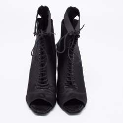 Pre Owned Dior Black Satin Peep-Toe Lace-Up Ankle Booties Size 38