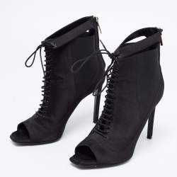 Pre Owned Dior Black Satin Peep-Toe Lace-Up Ankle Booties Size 38