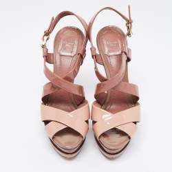 Dior Beige/Brown Patent Leather Criss Cross Platform Sandals Size 38