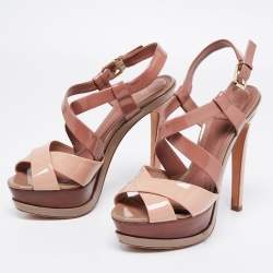 Dior Beige/Brown Patent Leather Criss Cross Platform Sandals Size 38