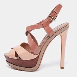 Dior Beige/Brown Patent Leather Criss Cross Platform Sandals Size 38