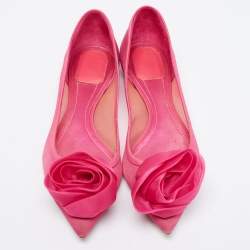 Dior Pink Fabric Flower Embellished Pointed Toe Ballet Flats Size 38.5