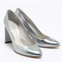 Pre Owned Dior Silver Patent Leather Cannage Block Heel Pumps Size 38