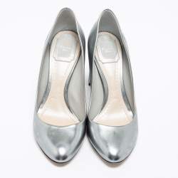 Pre Owned Dior Silver Patent Leather Cannage Block Heel Pumps Size 38