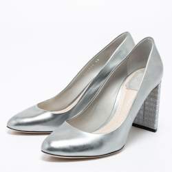 Pre Owned Dior Silver Patent Leather Cannage Block Heel Pumps Size 38