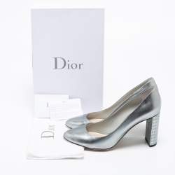 Pre Owned Dior Silver Patent Leather Cannage Block Heel Pumps Size 38