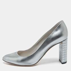Pre Owned Dior Silver Patent Leather Cannage Block Heel Pumps Size 38