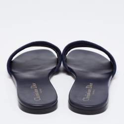 مملوكة مسبقًا Dior Navy Blue/White Embroidered Canvas Dway Flat Slides Size 38.5