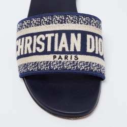 مملوكة مسبقًا Dior Navy Blue/White Embroidered Canvas Dway Flat Slides Size 38.5