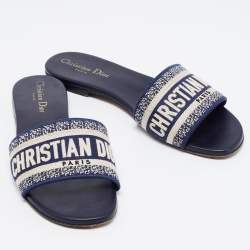 مملوكة مسبقًا Dior Navy Blue/White Embroidered Canvas Dway Flat Slides Size 38.5